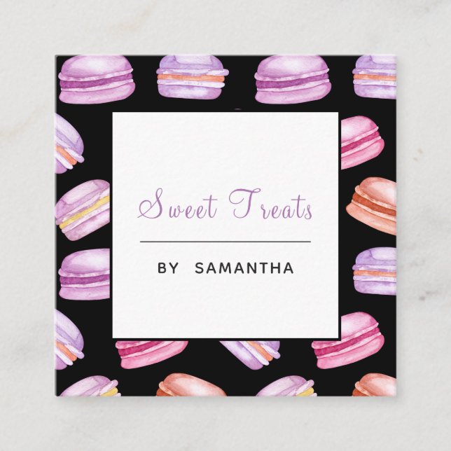 Lila Macarons Mönster Sweet Treats Dessert Baker Fyrkantigt Visitkort (Framsida)