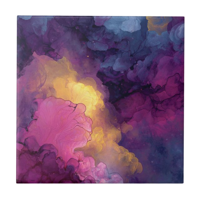 Lila Magenta Guld Alkoholbläck Nebulosa Flöde Kakelplatta (Framsidan)