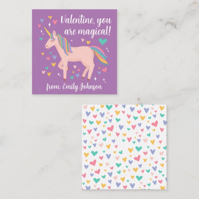 Lila Magic Unicorn Kids Classroom Valentine Anteckningskort (Fram/baksida)