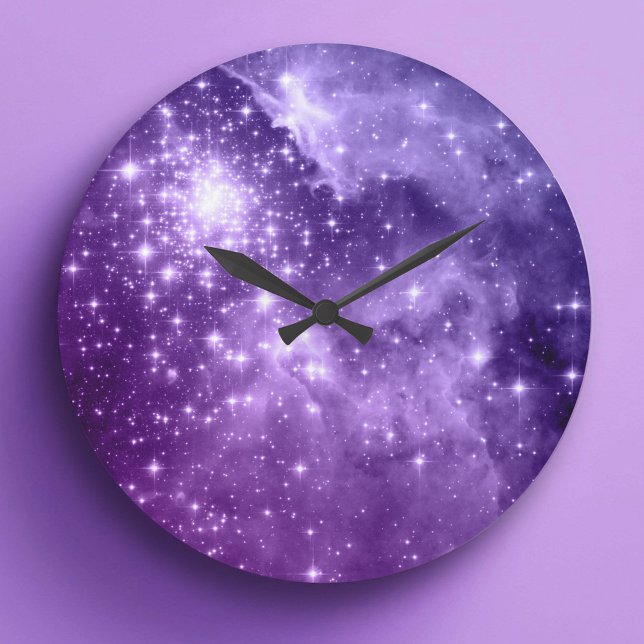 Lila magiska stjärnor stor klocka (Purple Magic Stars Large Clock)