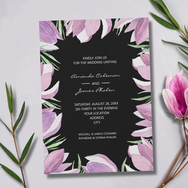 Lila Magnolia Blommigt Watercolor Bröllop Inbjudningar (Elegant purple and white magnolias wedding invitations - INSTANT DOWNLOAD and/or PRINTED)