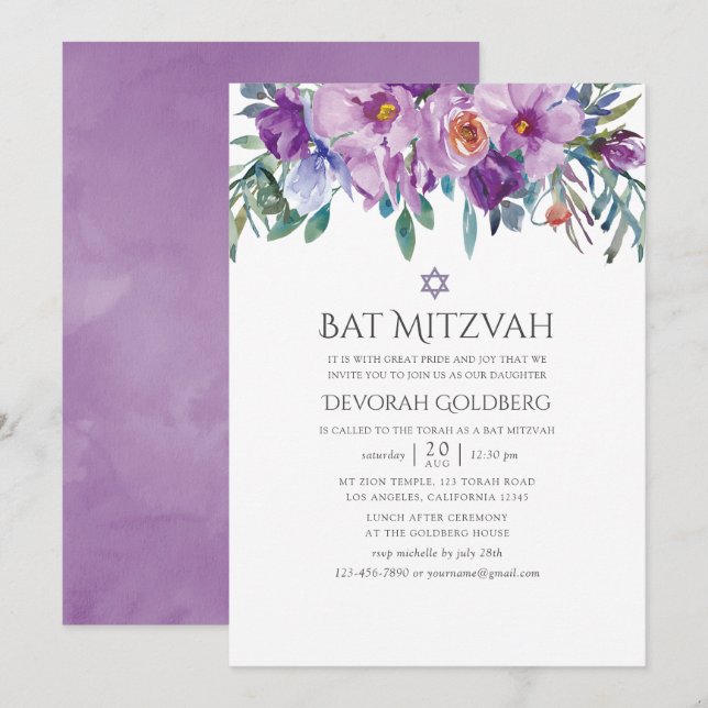 Lila Magnolias och Ro Bat mitzvah Inbjudningar (Fram/baksida)