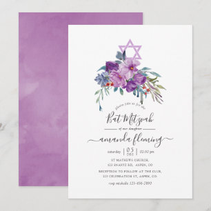 Lila Magnolior & Roser Akvarell Bat Mitzvah Inbjudningar
