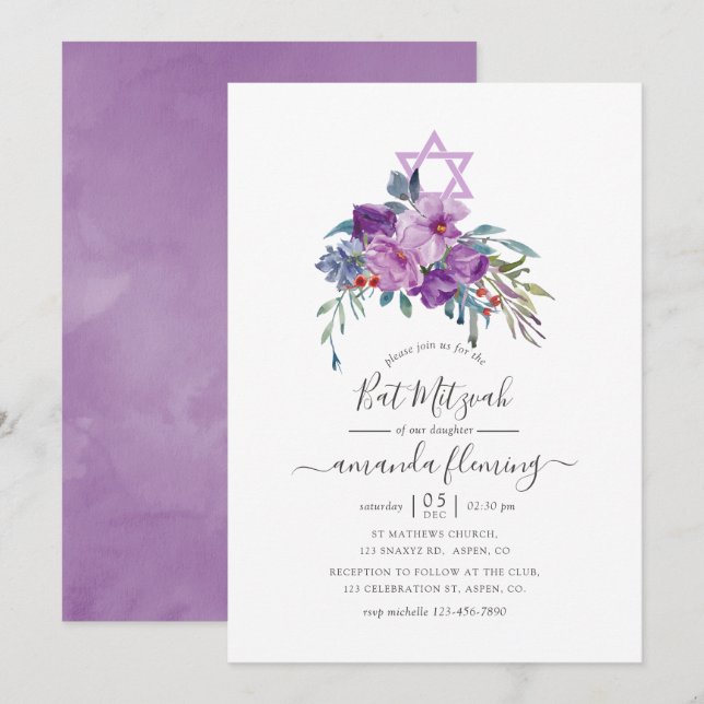 Lila Magnolior & Roser Akvarell Bat Mitzvah Inbjudningar (Fram/baksida)