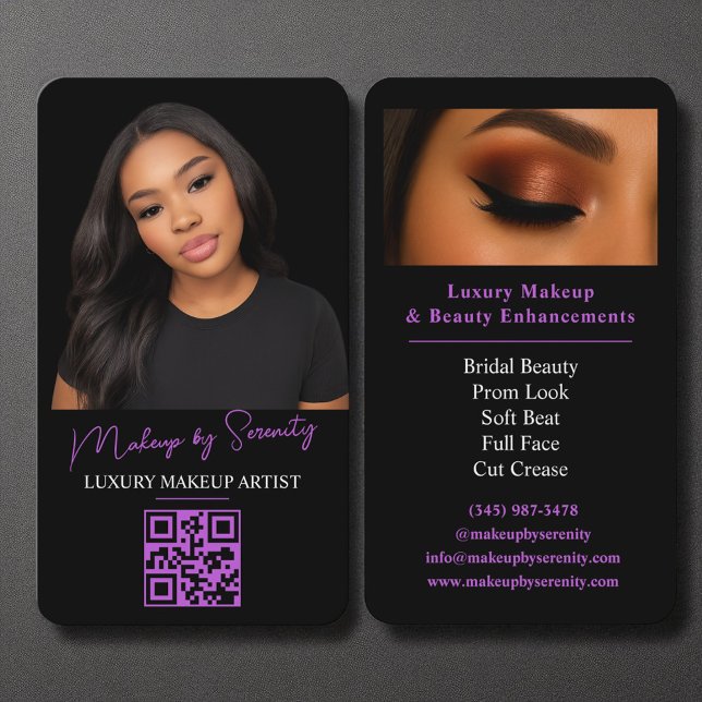 Lila Makeup Artist QR Code Luxury Black Beauty Visitkort (Skapare uppladdad)