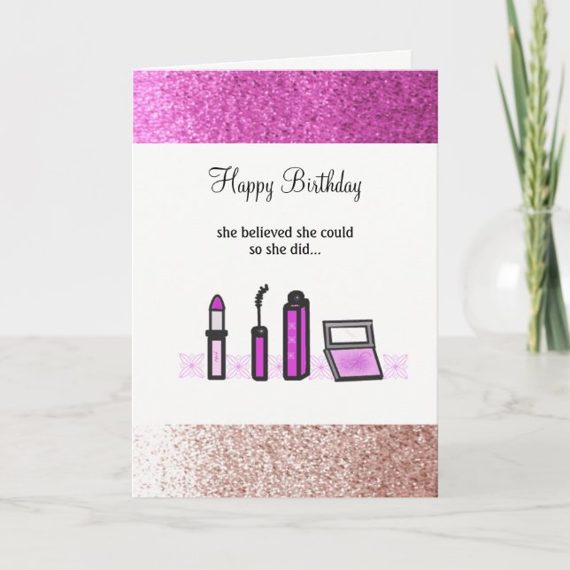 Lila Makeup Falskt Glitter Födelsedag Kort (Framsida)