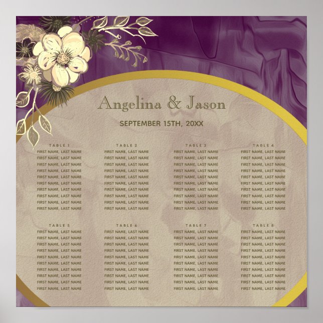 Lila Målad och Guld Blomma Bröllop Placeringsplan Poster (Framsidan)
