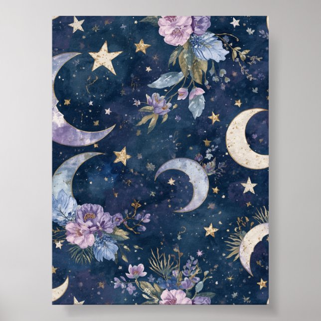 Lila månbelyst trädgårdsväggkonst | Celestial måne Poster (Framsidan)