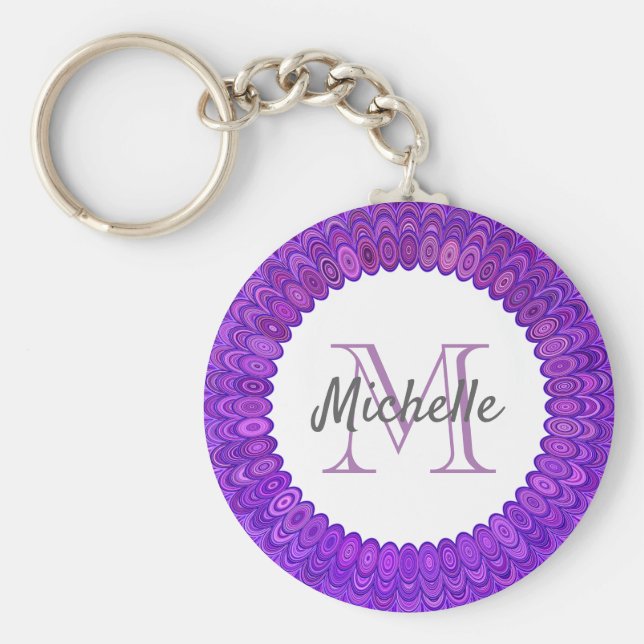 Lila Mandala Bird Feathers Monogram Nyckelring (Framsidan)