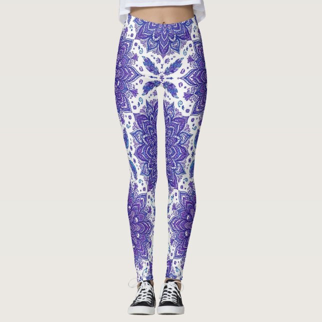 Lila Mandala Blommigt Sömlöst Mönster Leggings (Framsida)