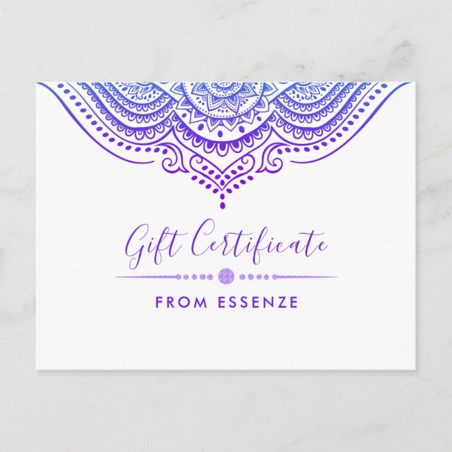 Lila Mandala Gift Certificate Design Vykort (Framsida)