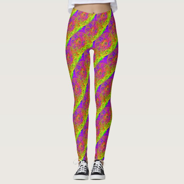lila mandala mönster gult diagonal strimlad leggings (Framsida)
