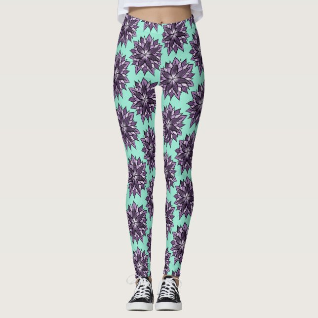 Lila Mandala som Flower Teckning Mönster Leggings (Framsida)