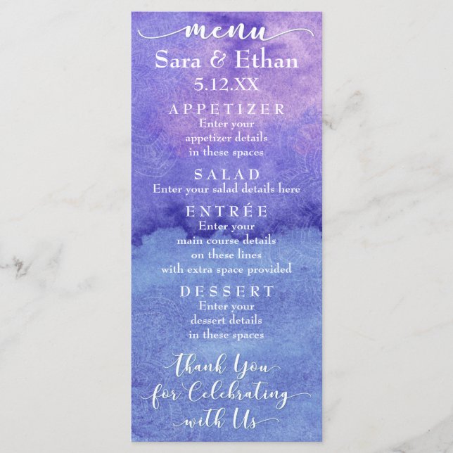 Lila Mandala Watercolor Bröllopsmeny Kort (Framsida)