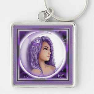 Lila Måne Child Keychain Fyrkantig Silverfärgad Nyckelring