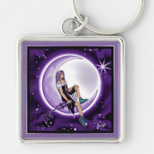 Lila Måne Child Keychain Fyrkantig Silverfärgad Nyckelring