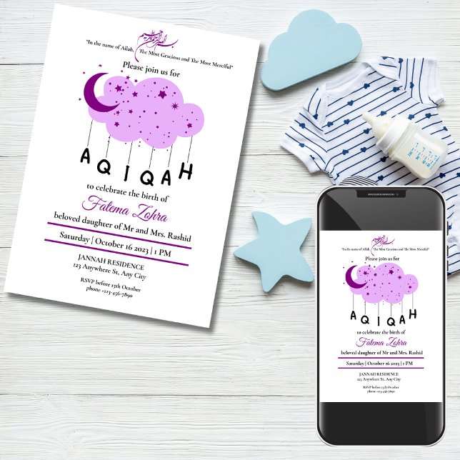 Lila Måne Cloud Star Flicka Muslim Aqiqah Inbjudningar (Purple Moon Cloud Star Baby Girl Muslim Aqiqah Invitation)