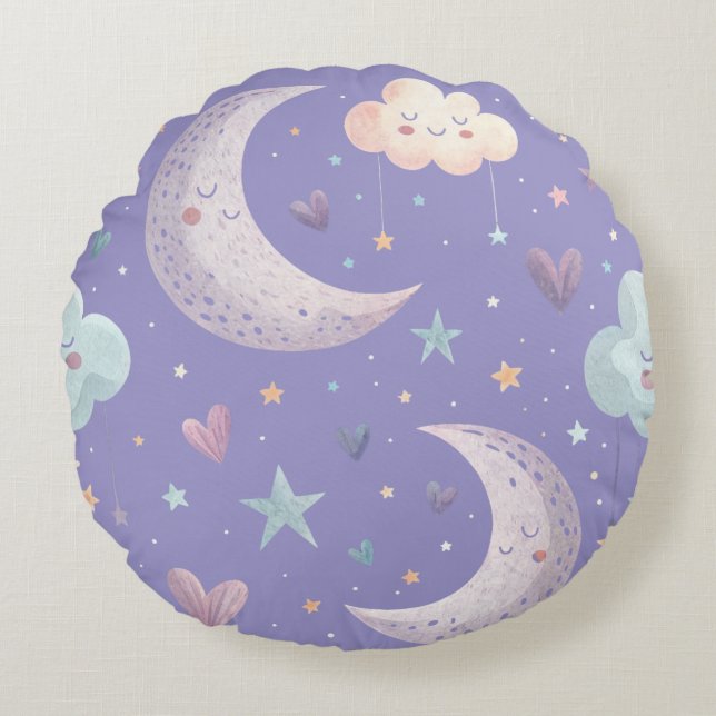 Lila måne & moln rund kudde (Framsidan)