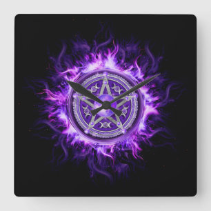 Lila Måne Pentagram Fyrkantig Klocka