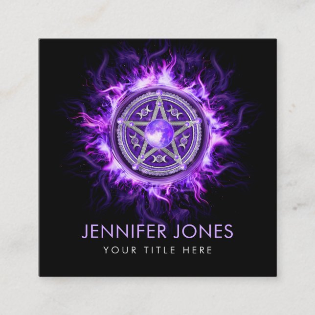 Lila Måne Pentagram Fyrkantigt Visitkort (Framsida)