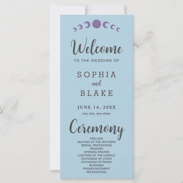 Lila Måne Phases Blue Bröllopsprogram (Framsida)