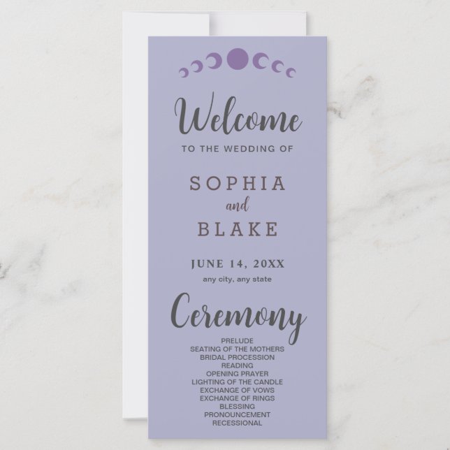 Lila Måne Phases Silver Bröllopsprogram (Framsida)