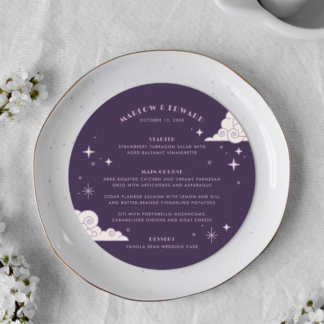 Lila måne & stjärnor Celestial bröllopsmeny kort (Skapare uppladdad)