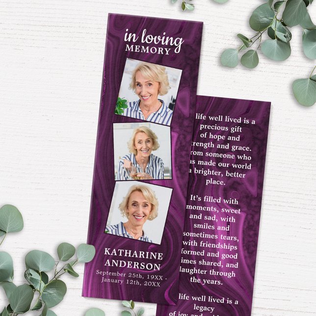 Lila Marble 3 Photo Dikt Funeral Prayer Bookmark Litet Visitkort (Skapare uppladdad)