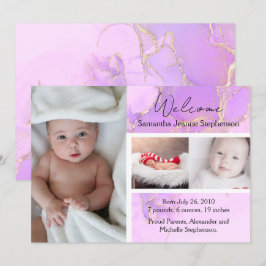 Lila Marble 3 Photo Girl Baby Birth Notice Inbjudningar