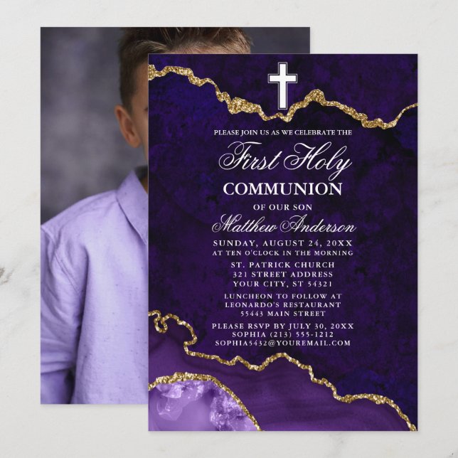 Lila Marble Geode Photo First Heliga Communion Inbjudningar (Fram/baksida)