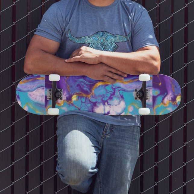 Lila Marble Mini Skateboard Bräda 18,5 Cm (The design appears to be created using a fluid art technique, with swirling, organic shapes.)
