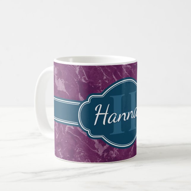 Lila Marble Mönster Teal Monogram Kaffemugg (Framsida vänster)