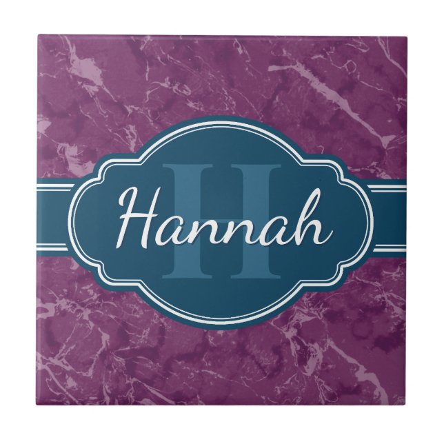 Lila Marble Mönster Teal Monogram Kakelplatta (Framsidan)