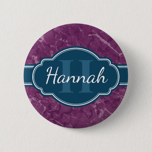 Lila Marble Mönster Teal Monogram Knapp (Framsida)