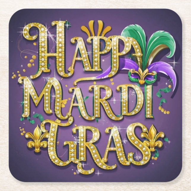Lila Mardi Gras ’Lycklig Mardi Gras’ Underlägg Papper Kvadrat (Framsidan)