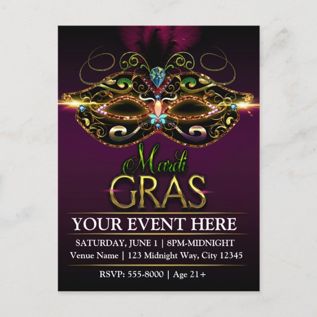 Lila MARDI GRAS Reklamfest Kort (Framsida)