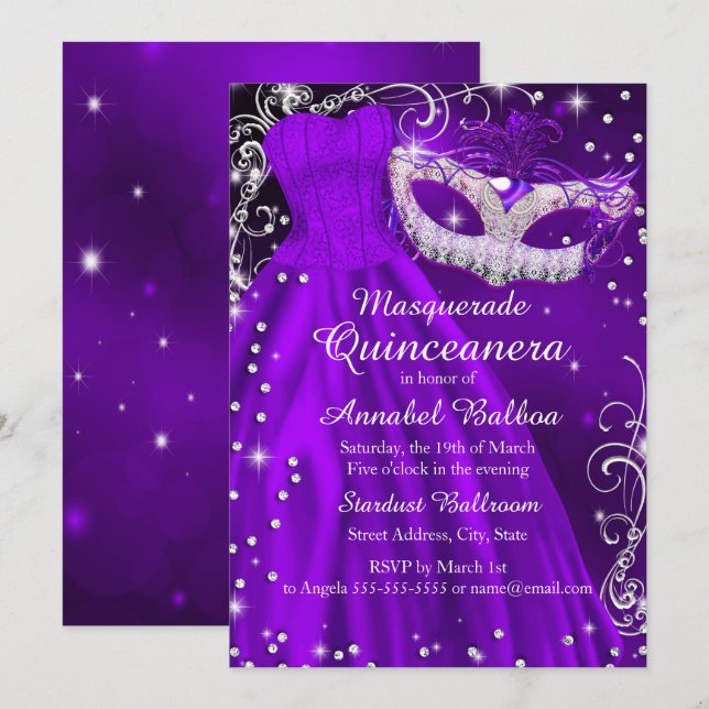 Lila mask & klänning Masquerade Quinceanera-inbjud Inbjudningar (Fram/baksida)