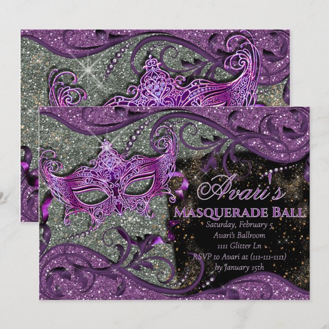 Lila Maskeradbal Invitation, Mardi Gras Inbjudningar (Fram/baksida)