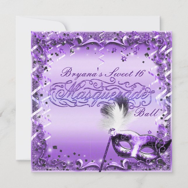 Lila maskeradmask elegant ballfest inbjudningar (Framsida)