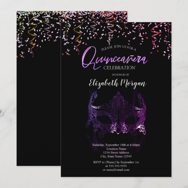 Lila Masque,Confetti Masquerad Quinceañera Inbjudningar (Fram/baksida)