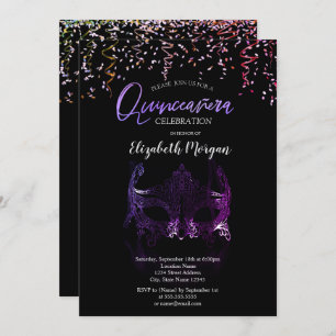 Lila Masque,Confetti Masquerad Quinceañera Inbjudningar