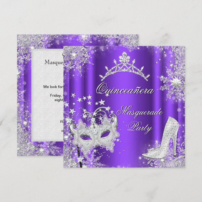 Lila MasqueraQuinceanera 15:e Party Tiara Inbjudningar (Fram/baksida)