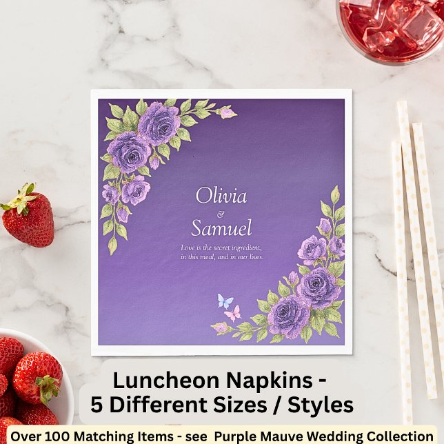 Lila Mauve Flowers & White Bröllop Luncheon Pappersservett (Skapare uppladdad)