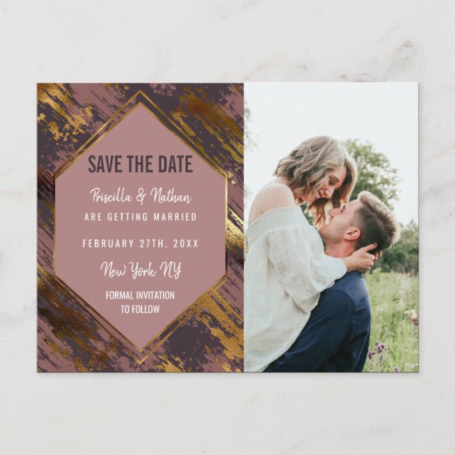 Lila Mauve Guld Penseldrag Modern Spara Datum Meddelande Vykort (Framsida)