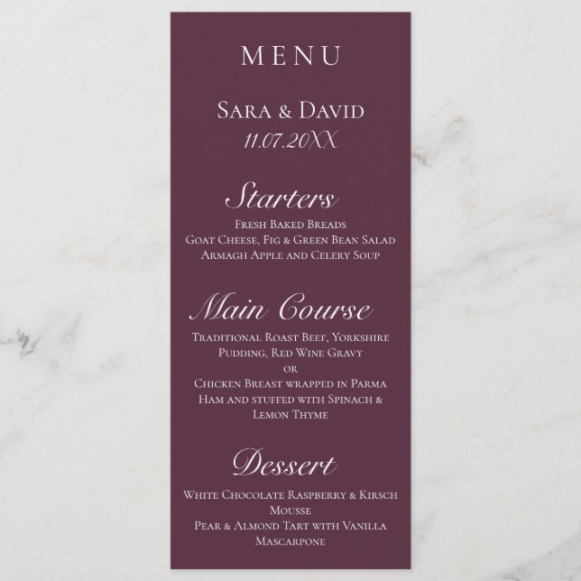Lila Mauve Modern Mörk Bröllop Menu Card Meny (Framsida)