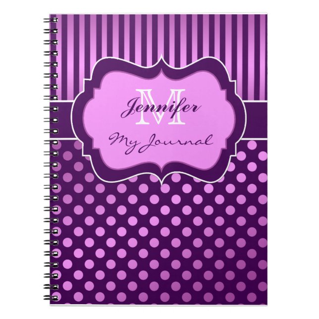 Lila Mauve Polka Dot Stripe Journal bärbar dator Anteckningsbok Med Spiral (Framsidan)