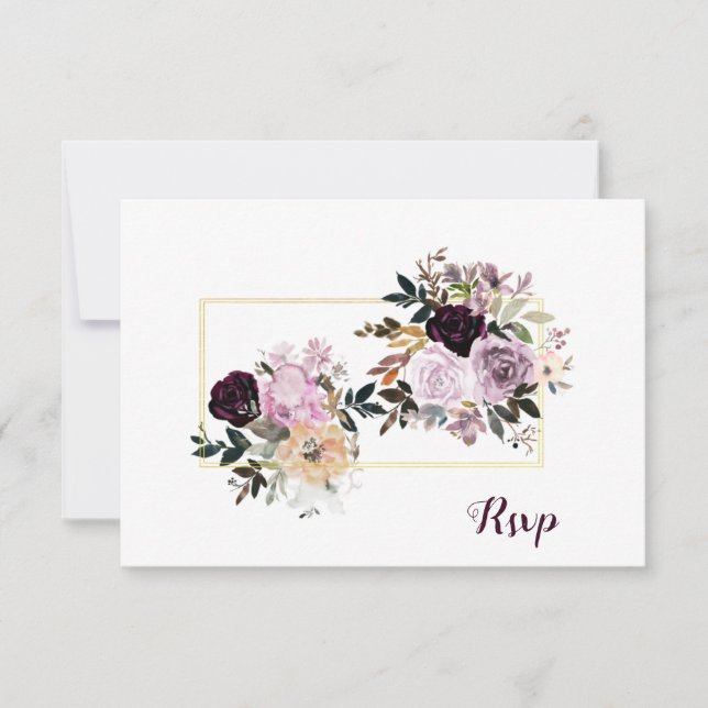 Lila Mauve Rosa Guld Pionrosor Rosor RSVP OSA Kort (Framsida)