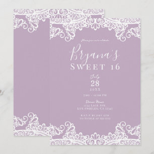 Lila Mauve & Vit Spets Elegant Sweet 16-fest Inbjudningar