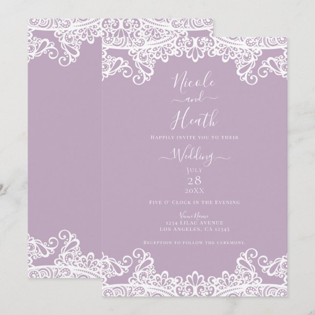 Lila, Mauve & Vitt Spetsigt Elegant Bröllop Inbjudningar (Fram/baksida)