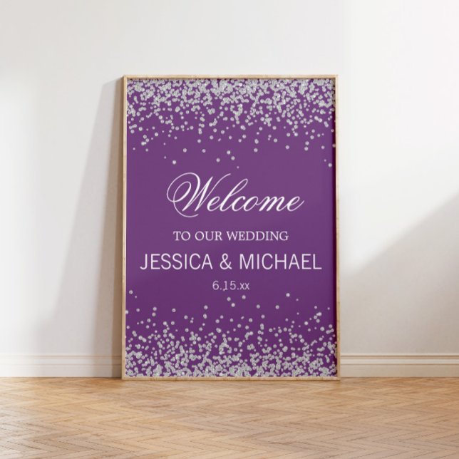 Lila med gnistrande silverglitter bröllop poster (Custom purple "Welcome to our wedding" with silver glitter)